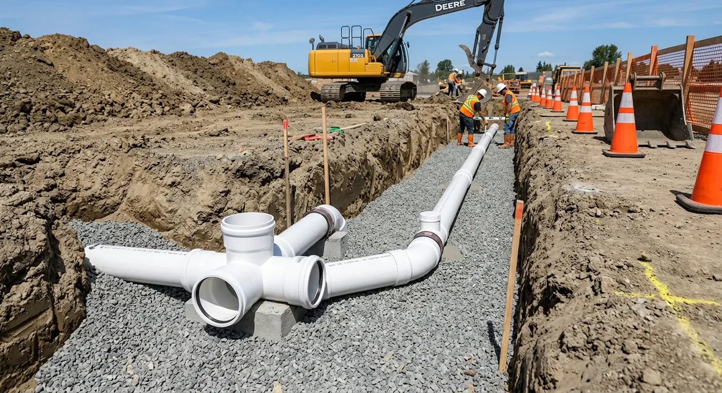 New PVC sewer pipe installation in open trench for Sewer Backup in Ham Lake