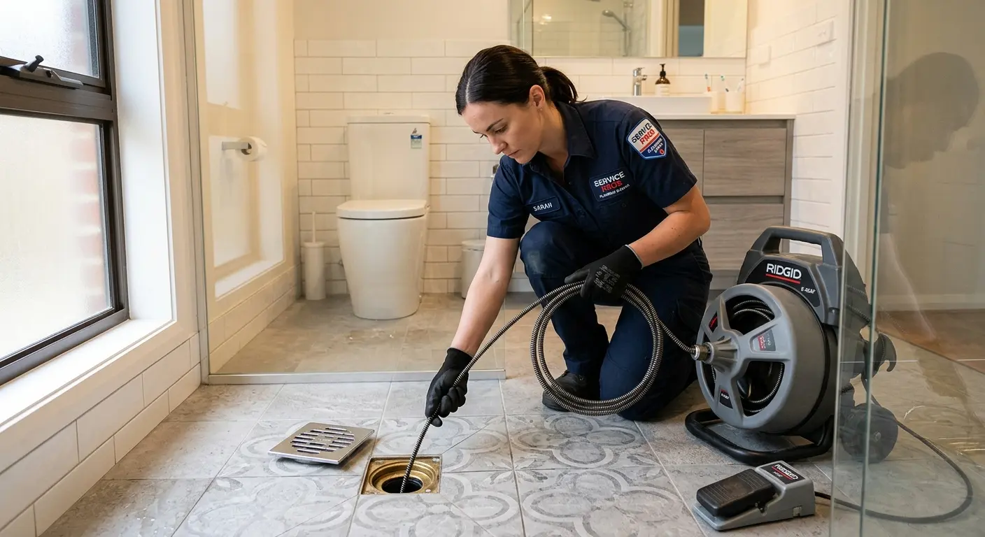 Technician clearing a bathroom floor drain for Clogged Drain Repair in Ham Lake
